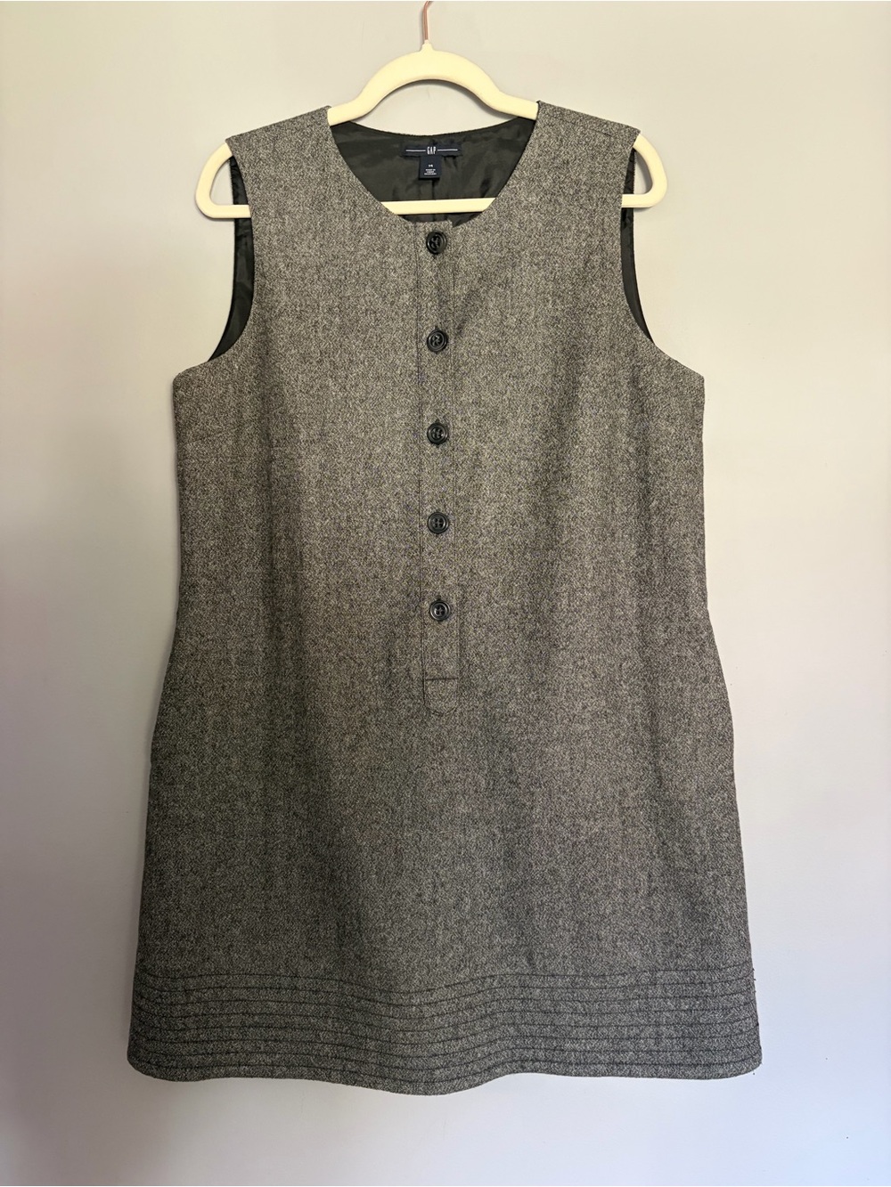 Y2K GAP Jumper Dress Sz 14 Gray Wool Blend Sleeveless Button Front Mini Pockets